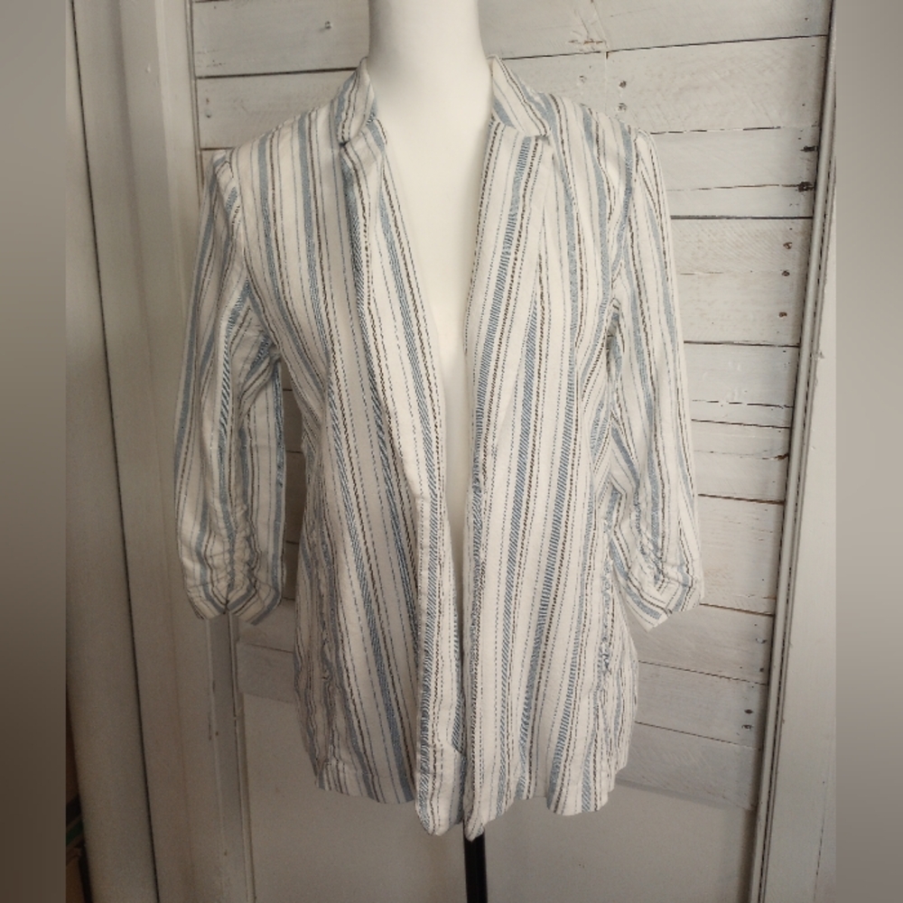 Potter’s Pot Womens Large Striped Open Front Blazer Jacket Blue White 3/4 Sleeve